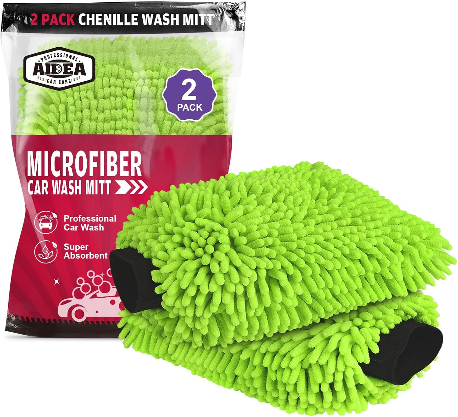 Car Wash Mitt Microfiber, 2PK Scratch Free Lint-Free, Premium Chenille Microfibe