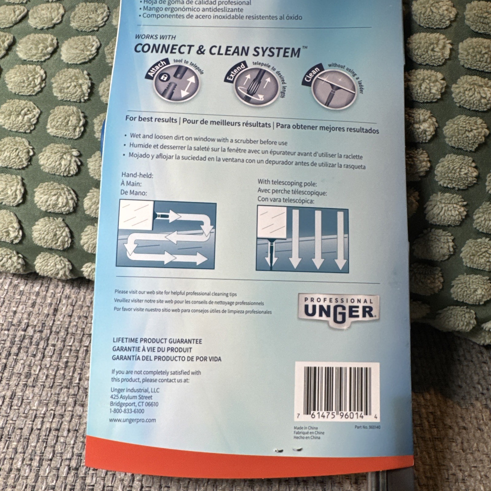 Unger Professional Performance Grip Squeegee 18" Cleans Large Windows NEW 960140