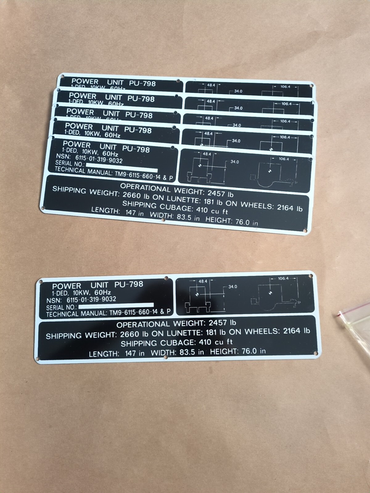 New Alum Data Tag "Power Unit, PU-798  1-DED, 10kw, 60Hz  Military Generator NOS