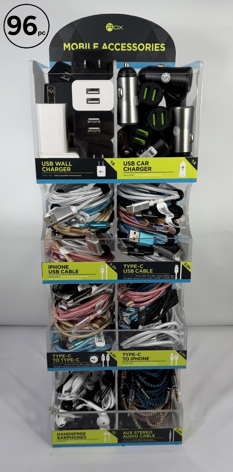 96ct PHONE CABLE CHARGER ACCESSORIES WHOLESALE LOT COUNTERTOP DISPLAY-2 PORTS