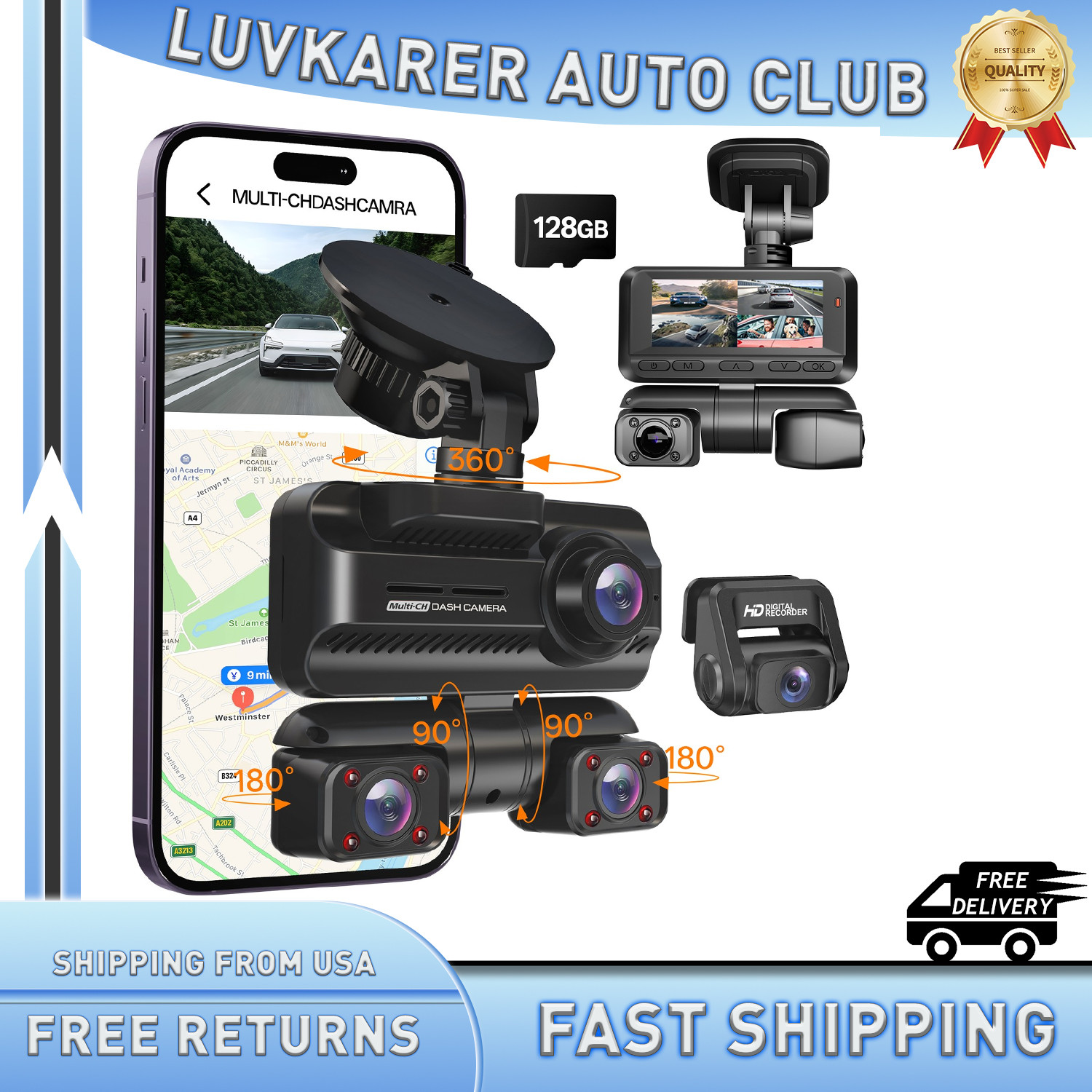 Dash Cam 4 Channels 360° Front Rear Inside Suction Wi-Fi GPS 4K HD Car Camera US