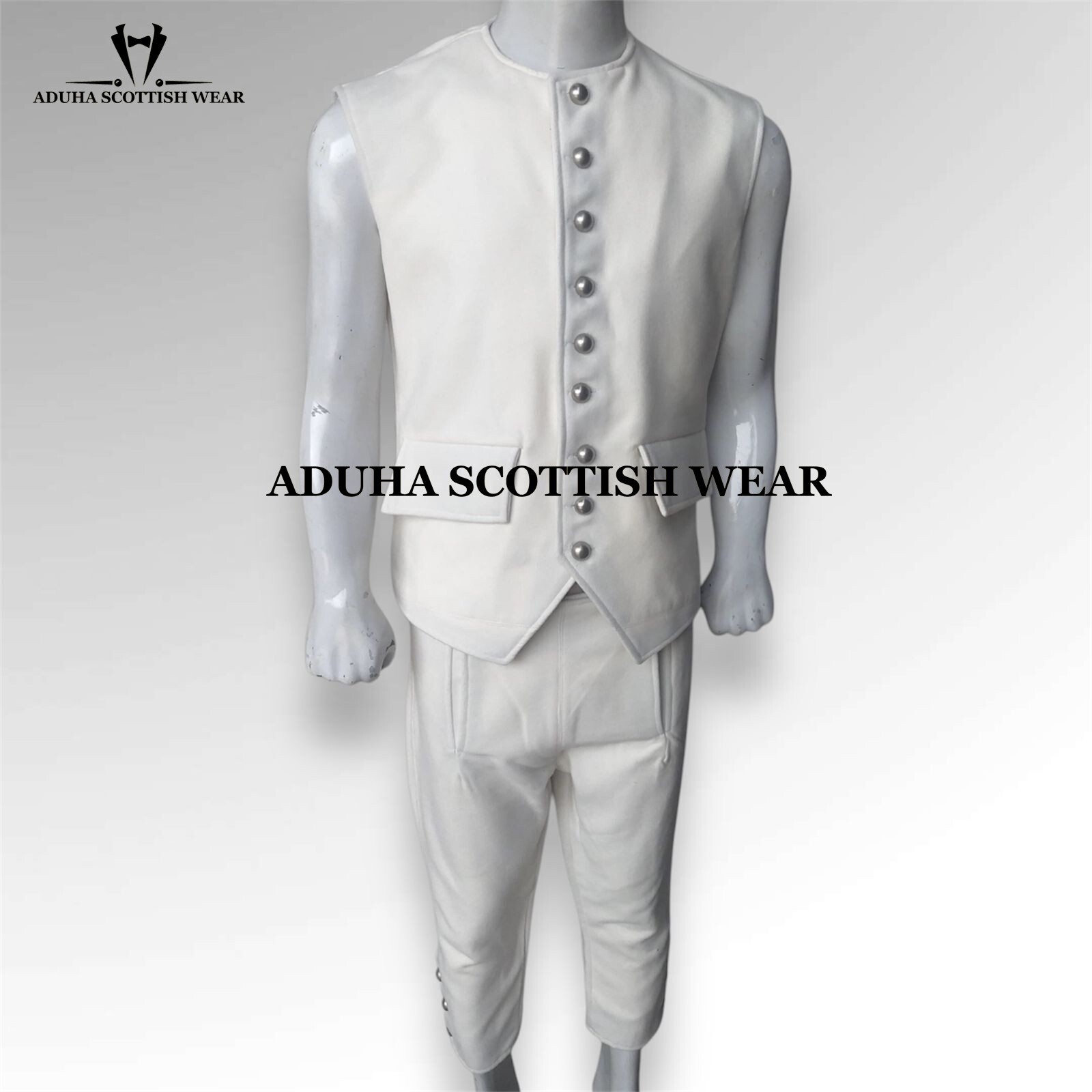 18th Century British Revolutionary War Men Off White Wool Waistcoat and Breeches