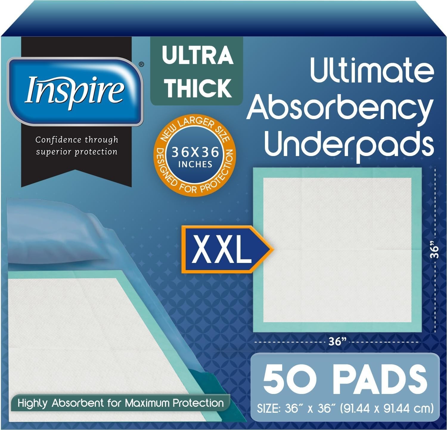 Inspire Ultimate Absorbency Disposable Underpads, 36"x36", (50 Count)