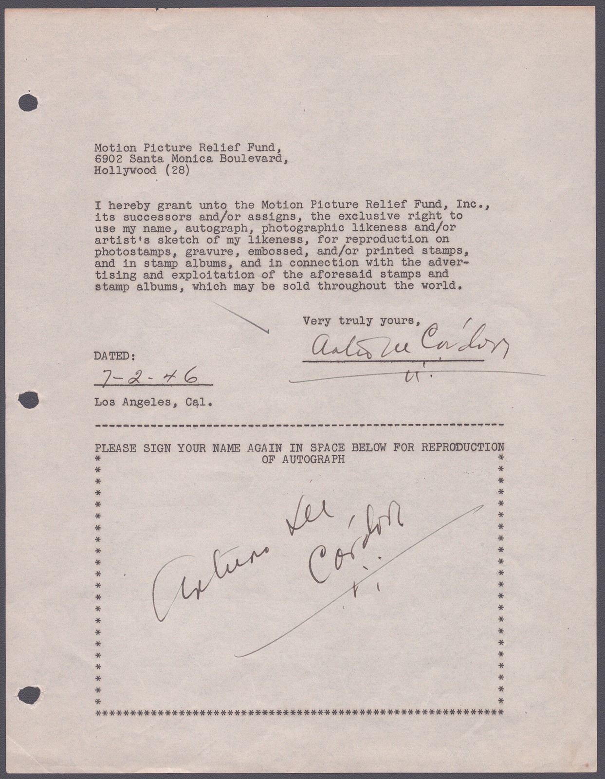 ARTURO DE CORDOVA - DOCUMENT DOUBLE SIGNED 07/02/1946