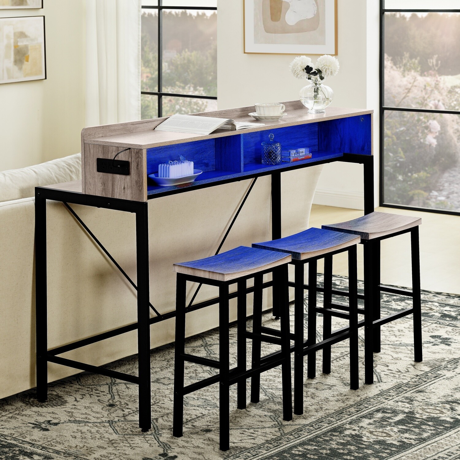 Modern 4 Piece Bar Table Set Bar Table w/ 3 Bar Stool & LED light & USB Ports