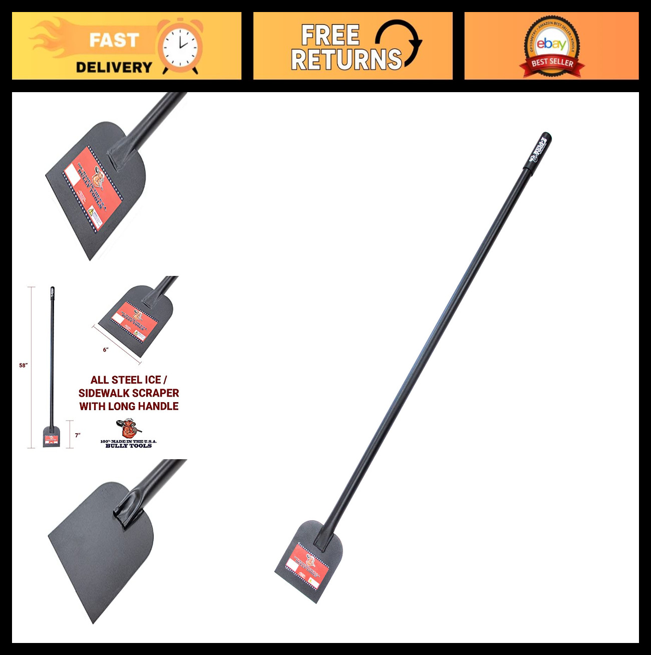 Heavy Duty Ice Scraper - 11-Gauge Steel Sidewalk Chopper with Long Handle for Sn