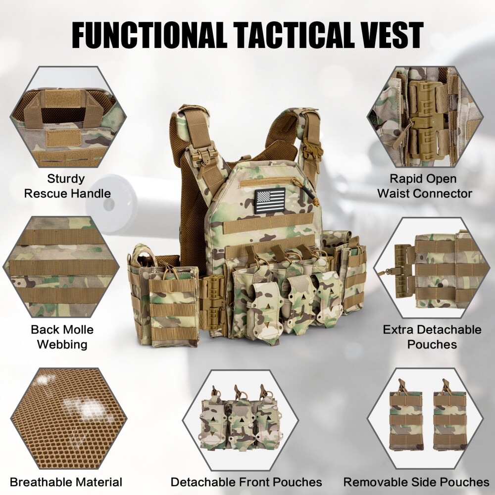 Adjustable Combat Vest, Breathable Mesh, MOLLE Webbing, for Hiking & Airsoft