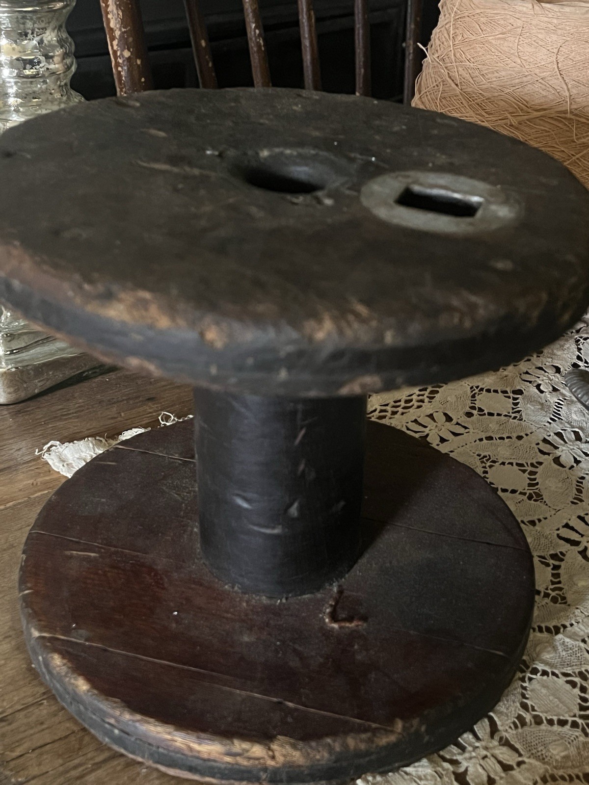 General Store Display DARK  Wood Textile Mill Thread Silk Spool Primitive Plinth