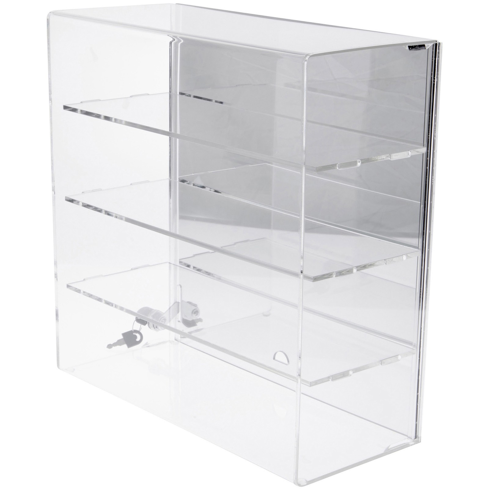 Plymor Acrylic Locking Case, Sliding Back, 3 Shelf, Mirrored 16.5" x 16.25" x 7"