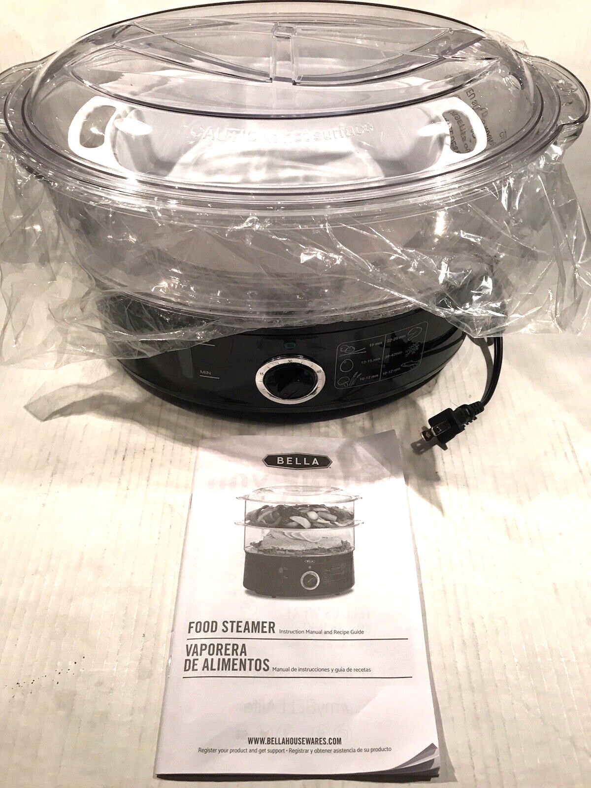Food Steamer Dishwasher Safe Lids 7.4QT Black Cooking Auto Shutoff 2 Tier Bella