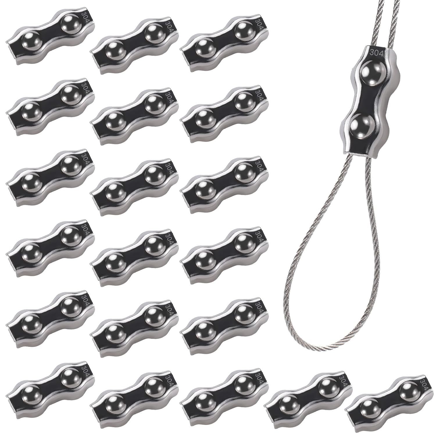 20Pcs M3 Stainless Steel Duplex Wire Rope Clips, Duplex Double Bolt Cable Clamp,