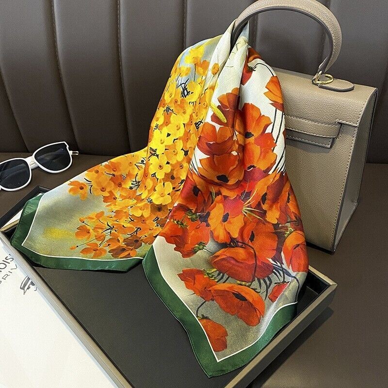 100% Silk Mulberry 27" Square Scarf Women Vintage Neckerchief Wrap Orange Flower