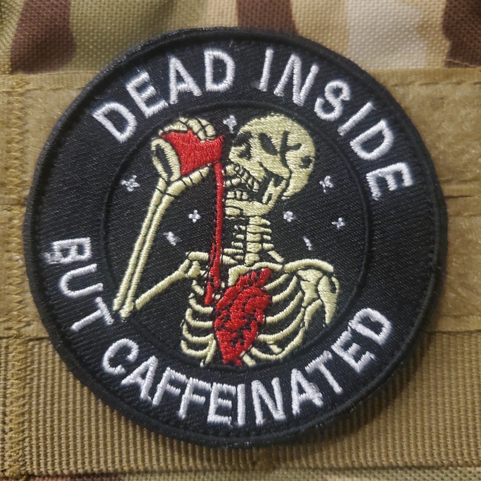 DEAD INSIDE BUT CAFFEINATED Sarcastic Tactical Morale Patch HOOK BACKING