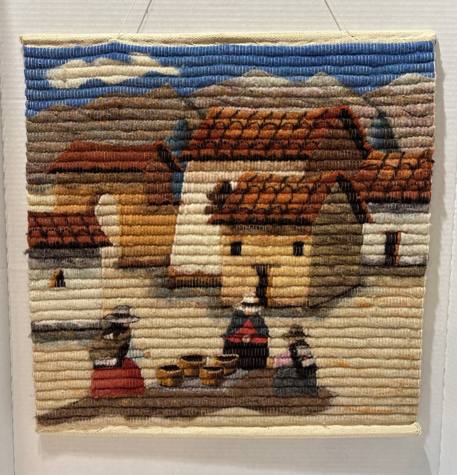 Vintage Hand Woven Peruvian Alpaca Sheep Wool Tapestry Wall Hanging Village Art