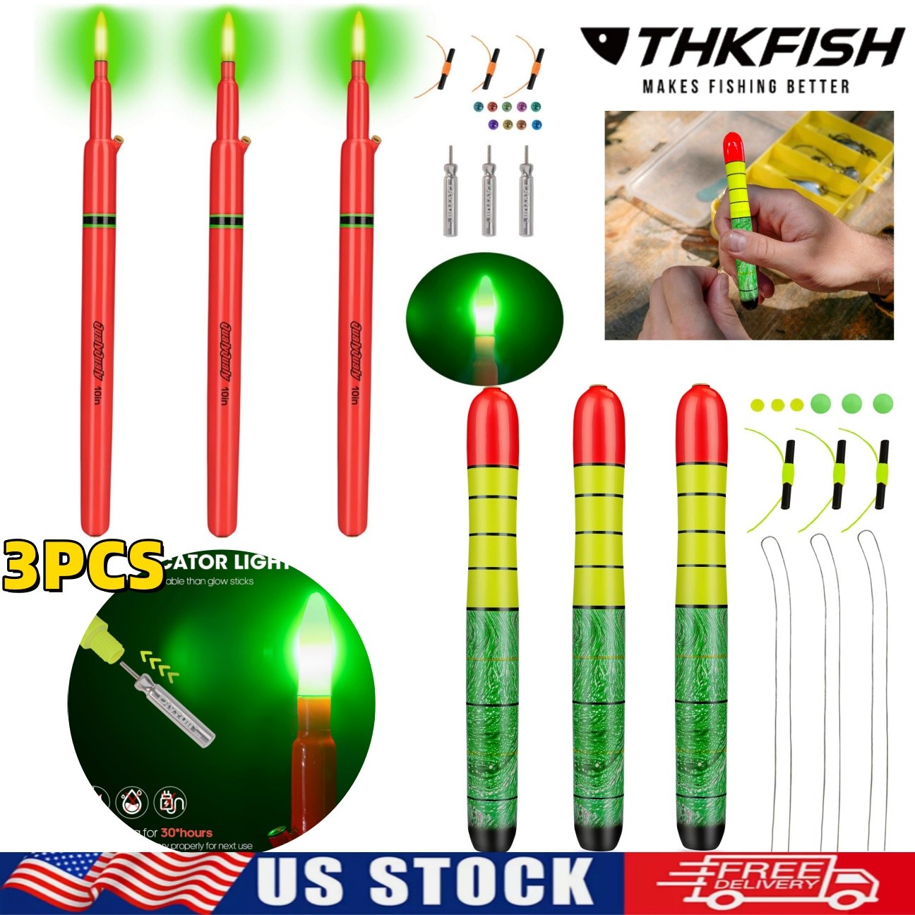 3PCS Fishing Floats Fishing Glow Sticks LED Glow Sticks for Fish with Batteries