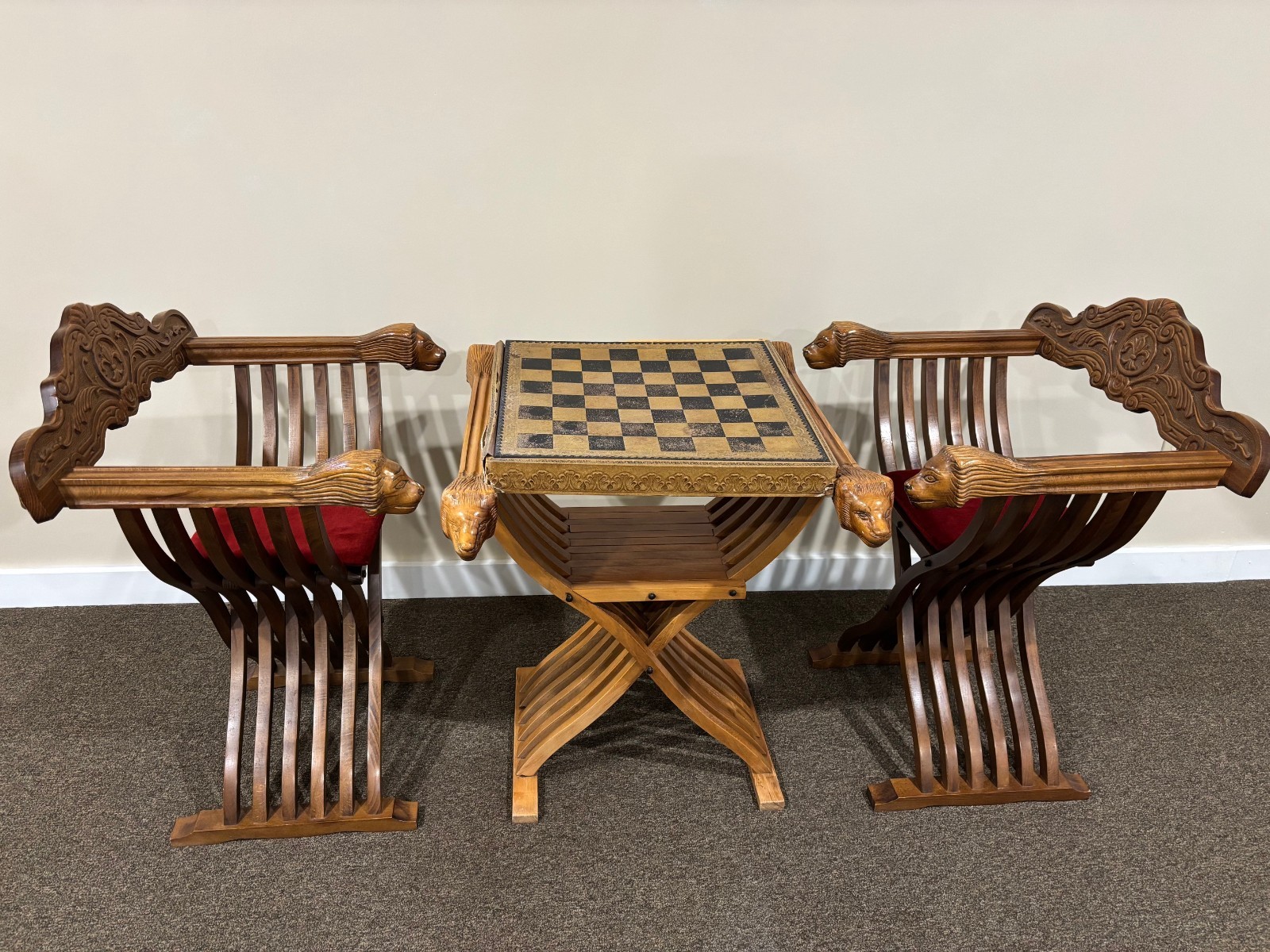 Italian Savonarola Folding Carved Table and Chairs Renaissance with Lion Heads