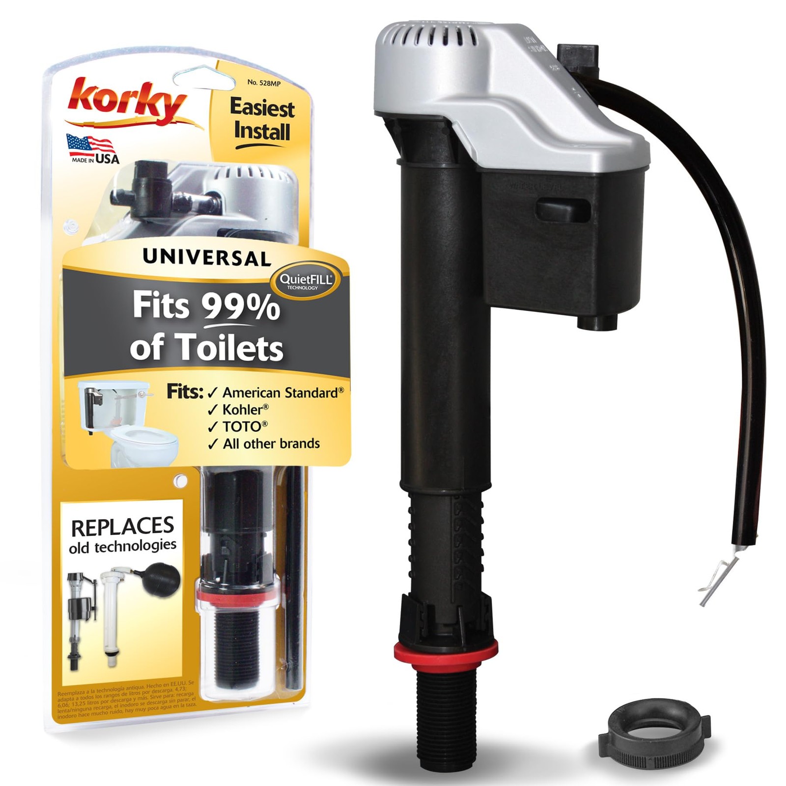 Korky QuietFILL Platinum Toilet Fill Universal to Fit 99% of Toilets, Black