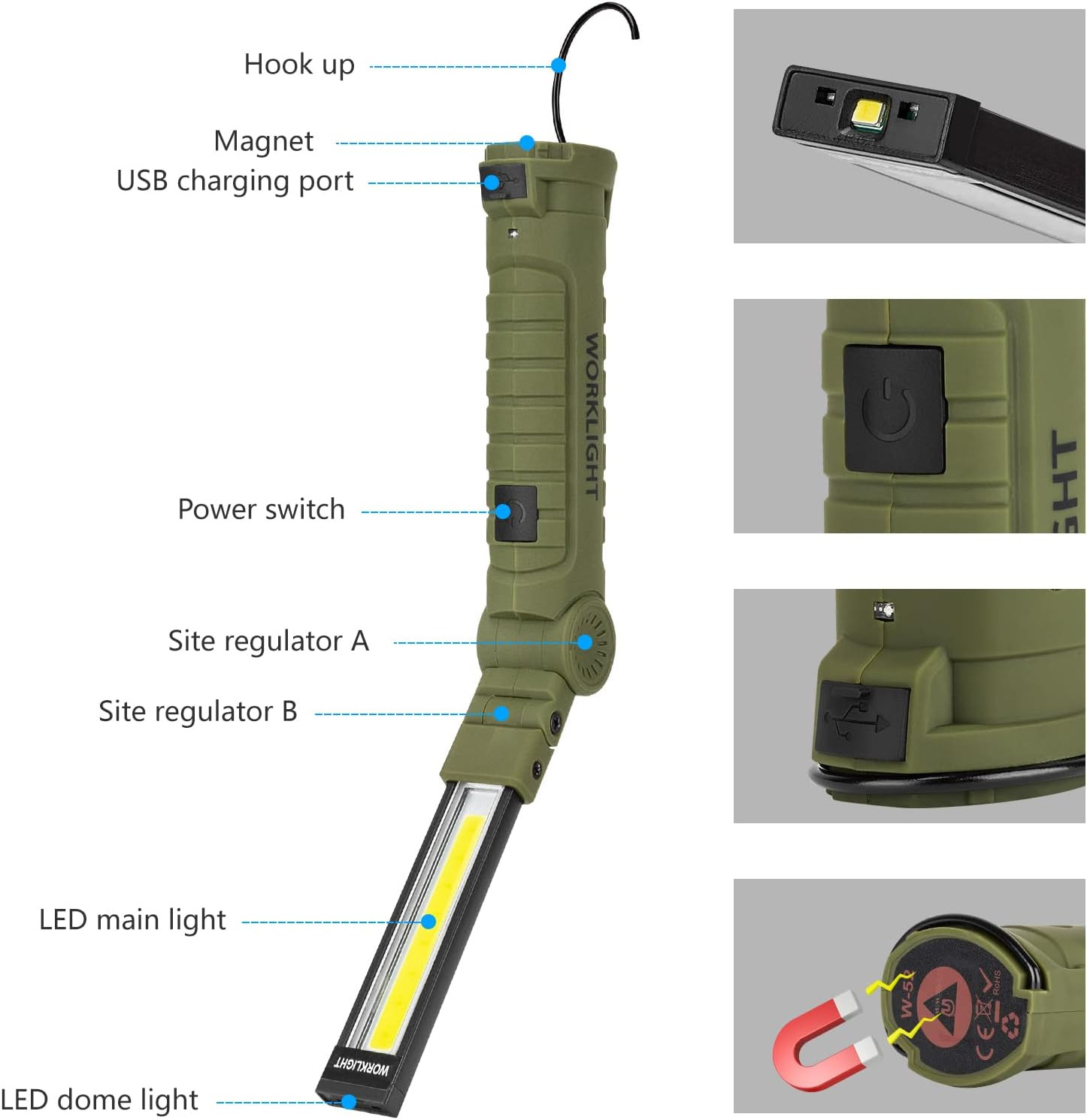 Rechargeable LED Work Light Flashlight, 5 Modes, 360°, 2 Pack