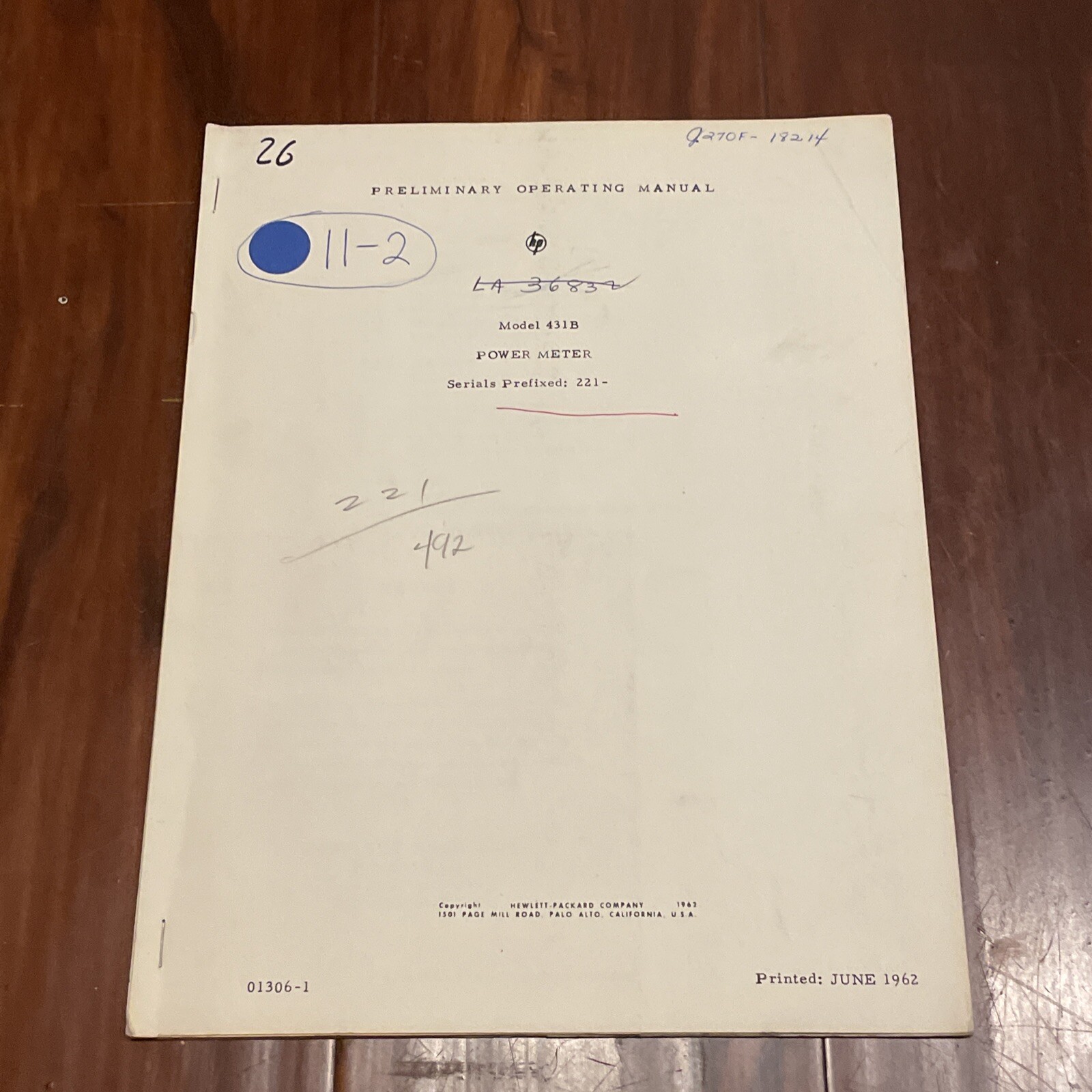 HP 431B Power Meter Preliminary Operating Manual 01306-1 June 1962