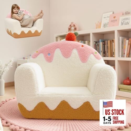 Toddler Chair for Ages 1–6, Soft Sherpa Kids Sofa with Book Pocket & Ice Cream