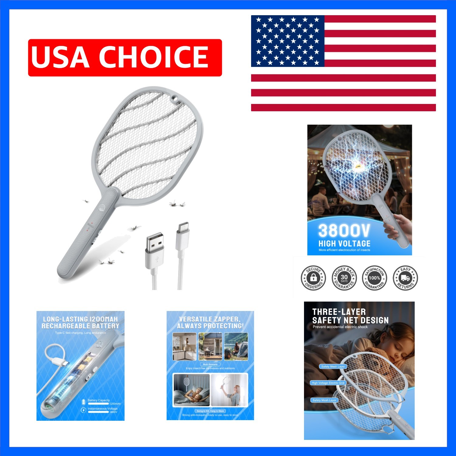 Electric Fly Swatter, 3800V Bug Zapper Racket, Rechargeable 1200mAh Mosquito ...