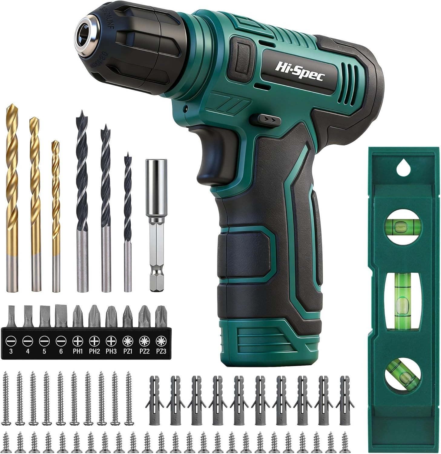 Hi-Spec 8V USB Cordless Drill Driver Kit w/ Bits Wall Hanging Set Green