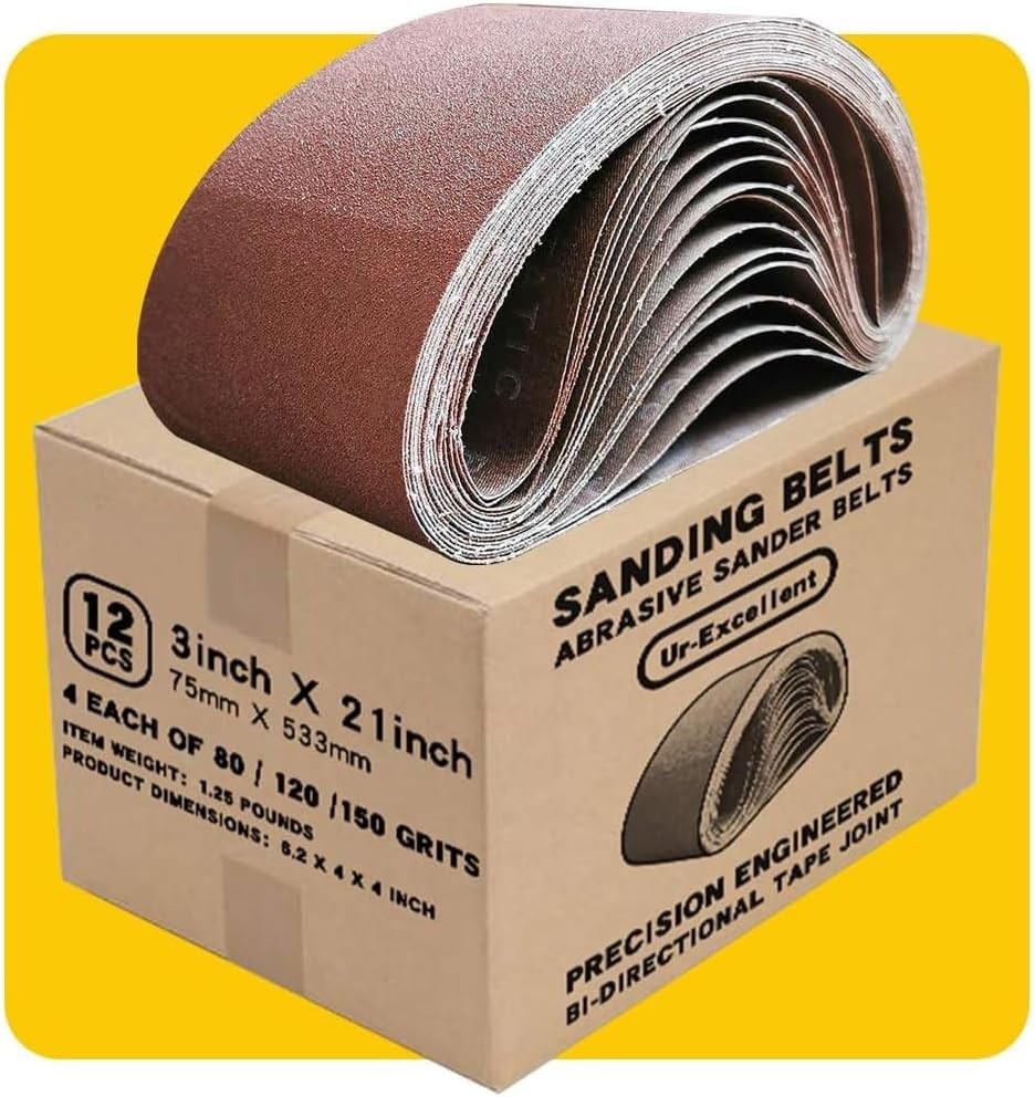 Professional 3x21 Sanding Belts: 12-Piece Aluminum Oxide Pack for Versatile Use
