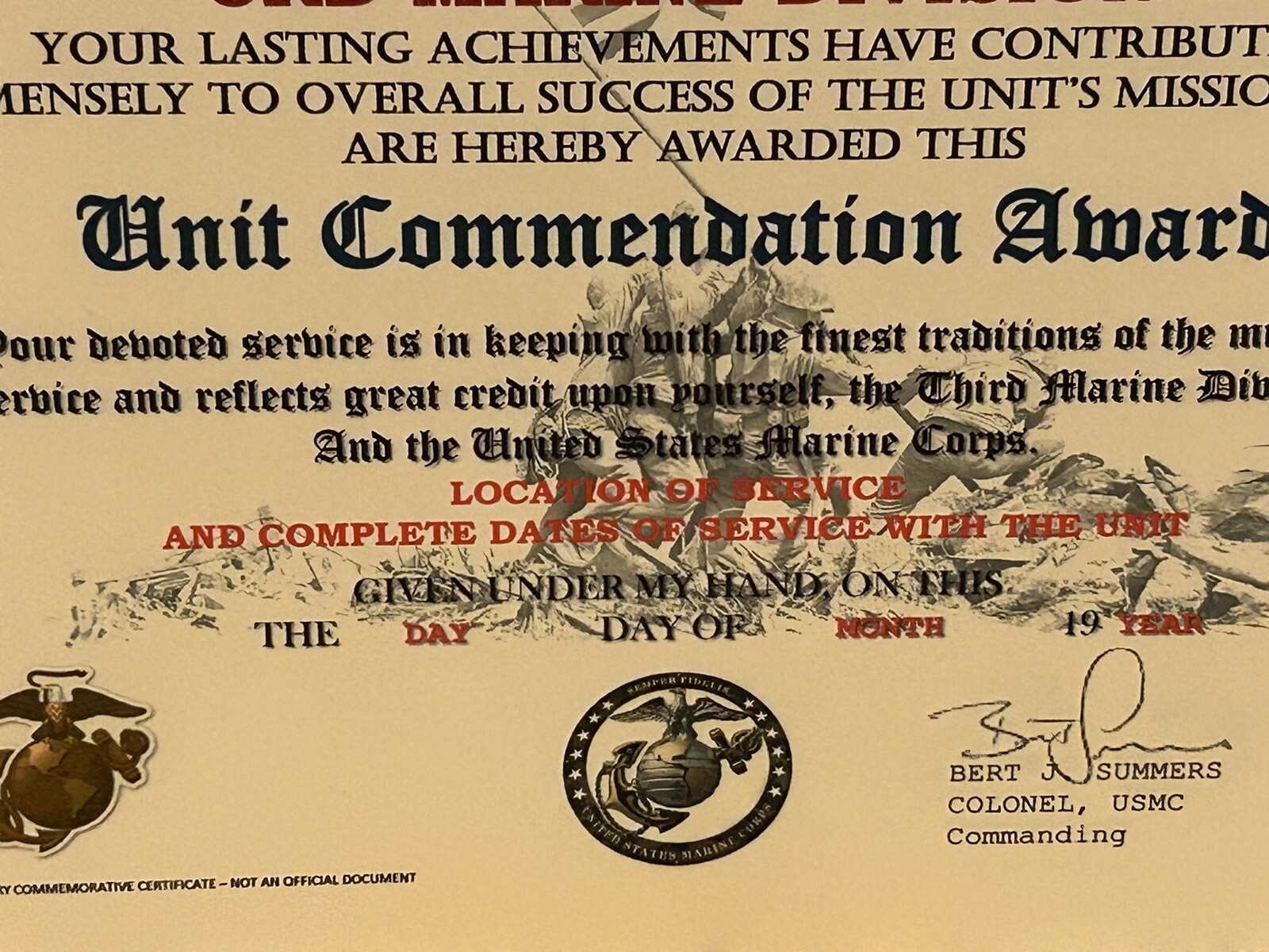 U.S.M.C. / 3RD MARINE DIVISION ~ UNIT COMMENDATION AWARD / CERTIFICATE