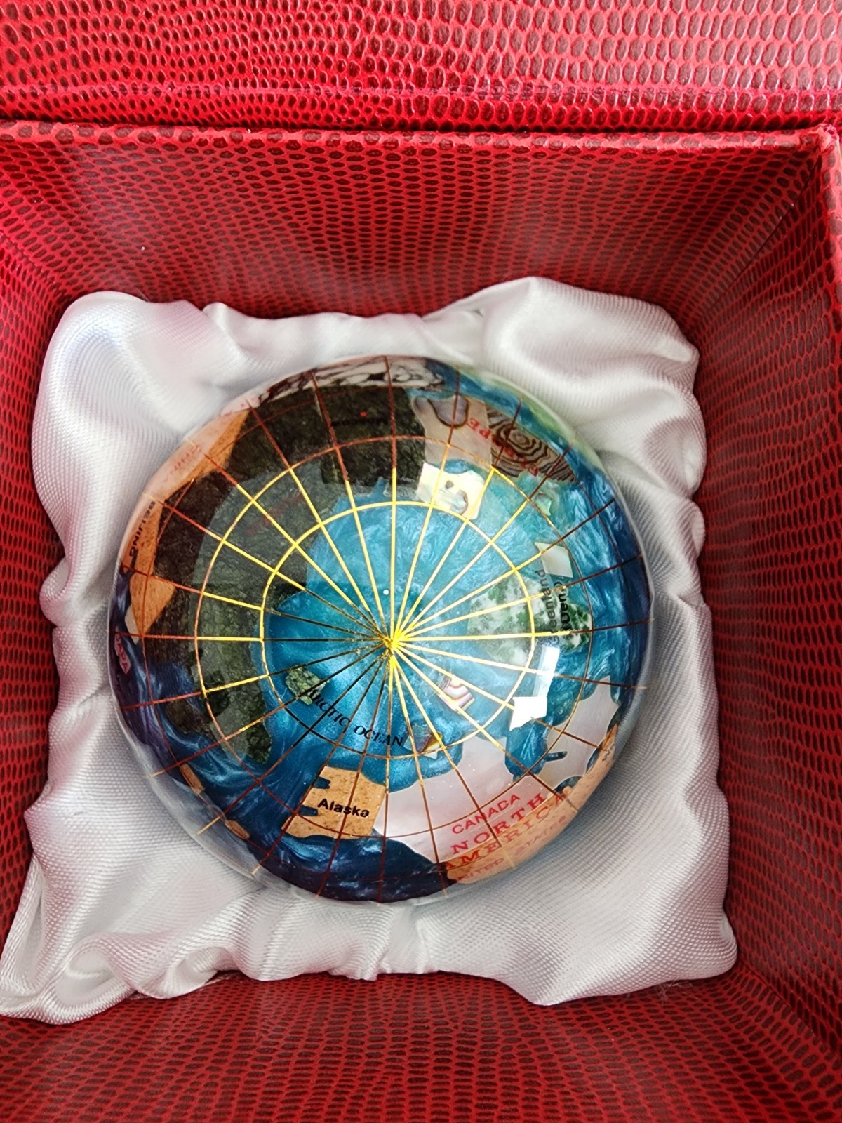 Handcrafted Gemstone Globe Paperweight in Decorative Red Box