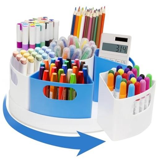 Rotating Art Supply Organizer Storage Caddy for Kids, 7 Bins blue and white