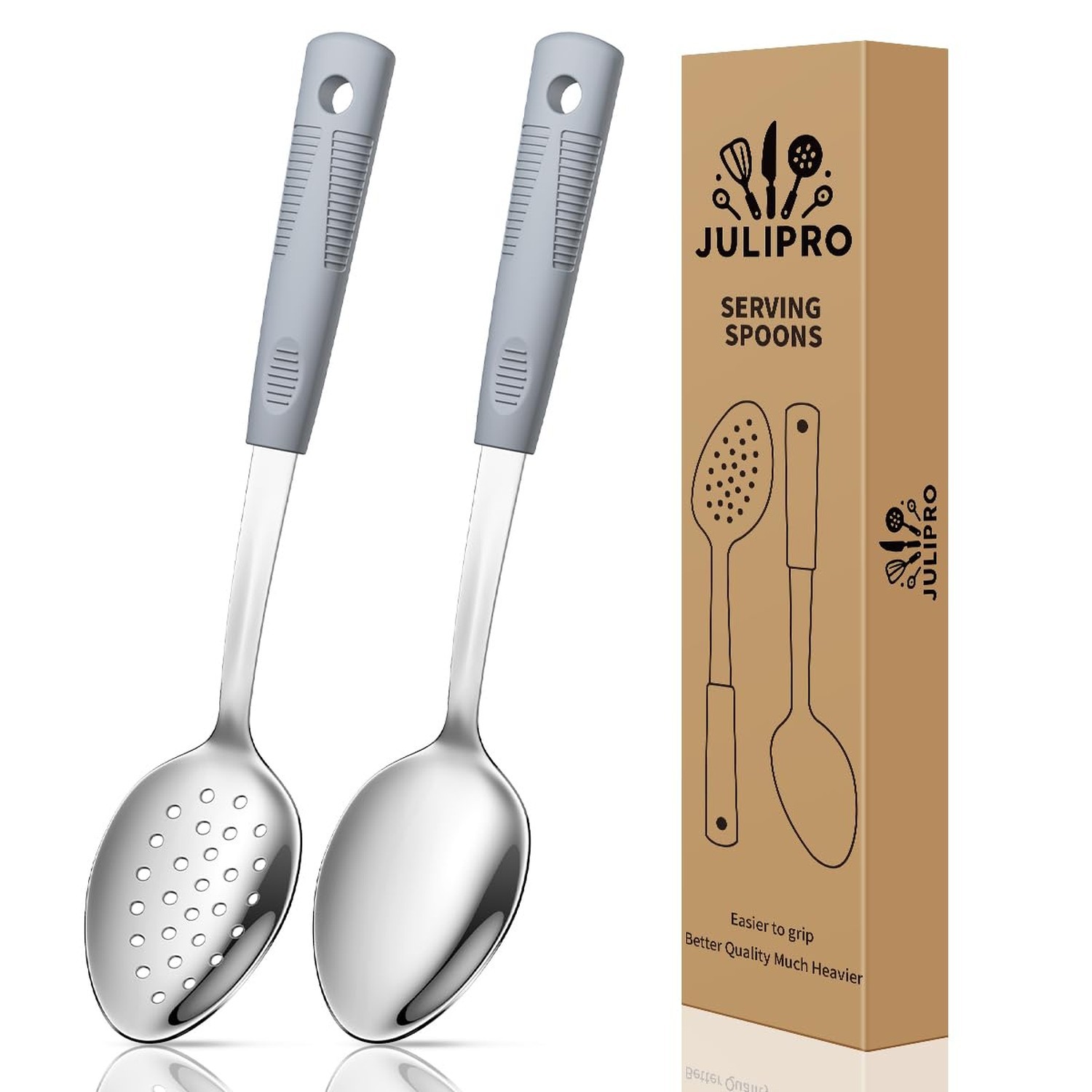 Stainless Steel Serving Spoon Set with Non-Slip Silicone Handles, 2-Piece Ser...