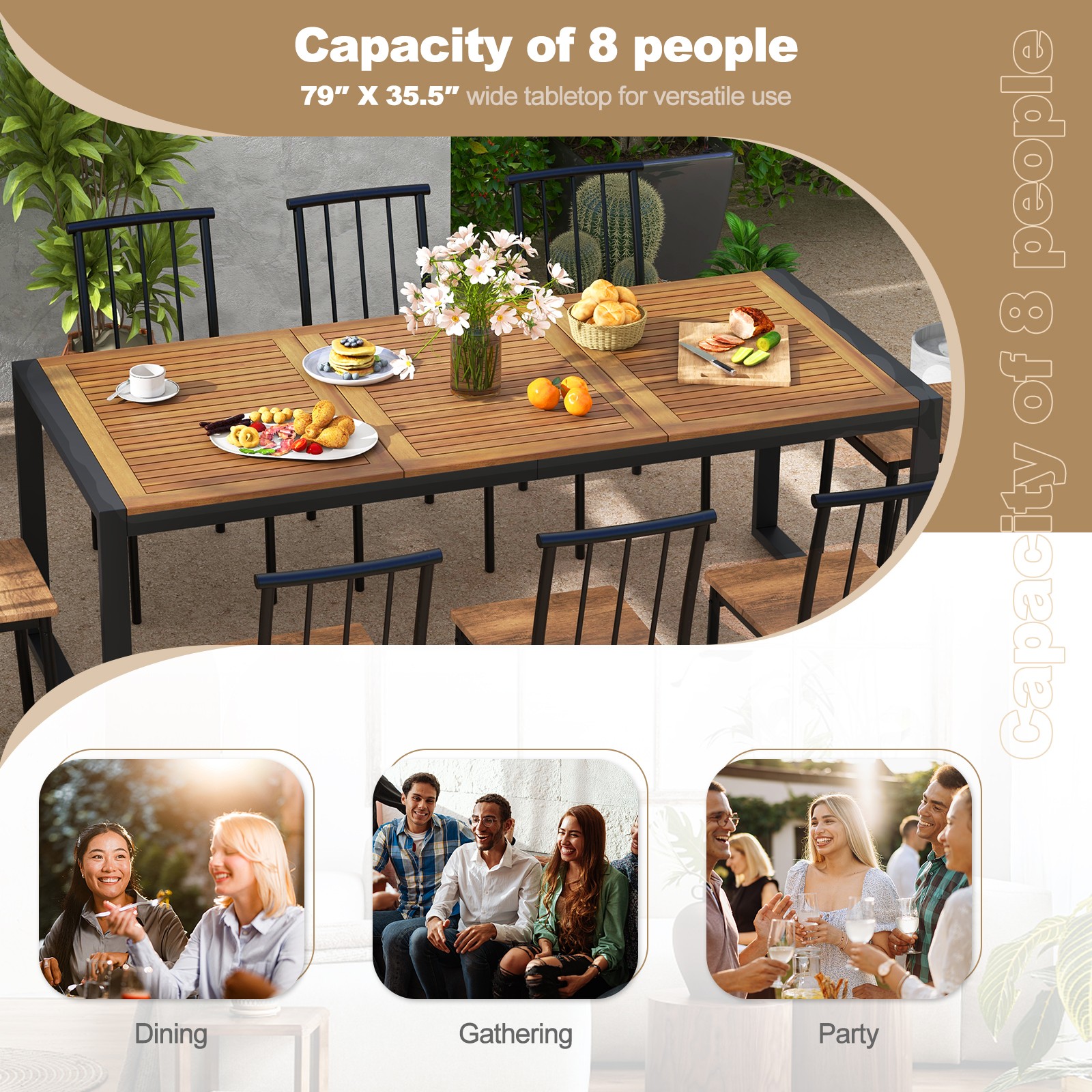 79" Acacia Wood 8-Person Patio Table w/ 1.9" Umbrella Hole, Adjustable Foot Pads