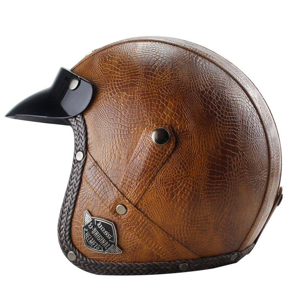 Motorcycle Helmet Open Face Deluxe PU Brown Leather Scooter Cruiser Biker Helmet