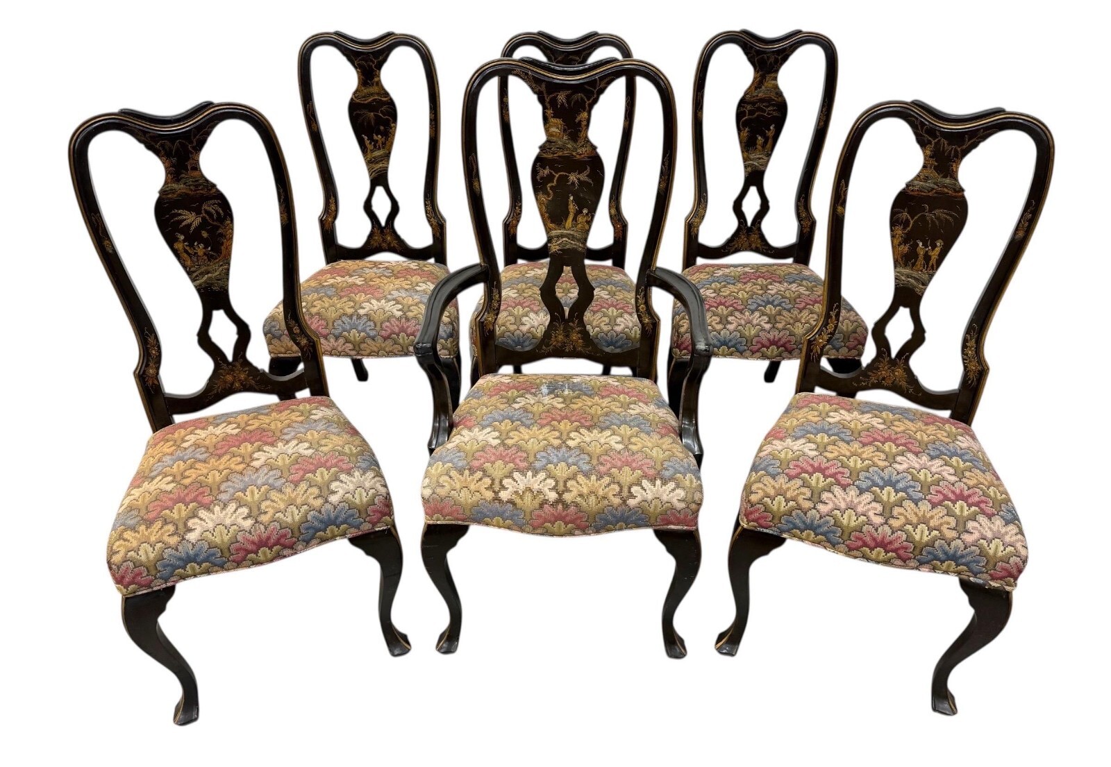 Antique Chinoiserie Paint Decorated Dining Chairs - Set of 6