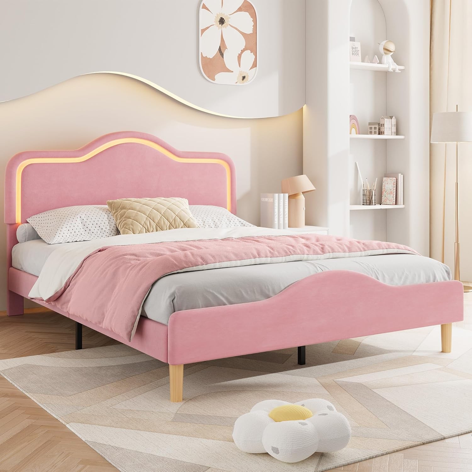Full Size Upholstered LED Bed Frame, Velvet Princess Platform Bedframe for Kids