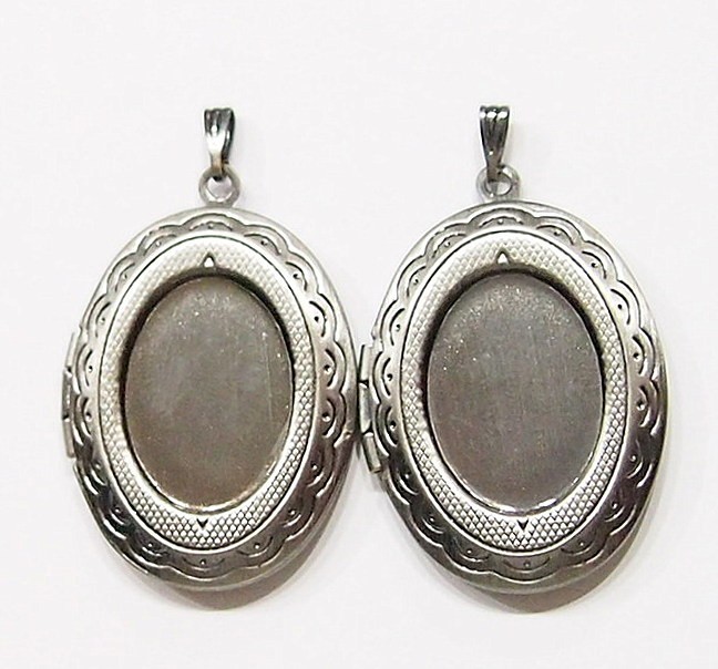 2 - 18x13mm Antique Silver Victorian Etched Deco Locket Pendant Settings 38x24mm