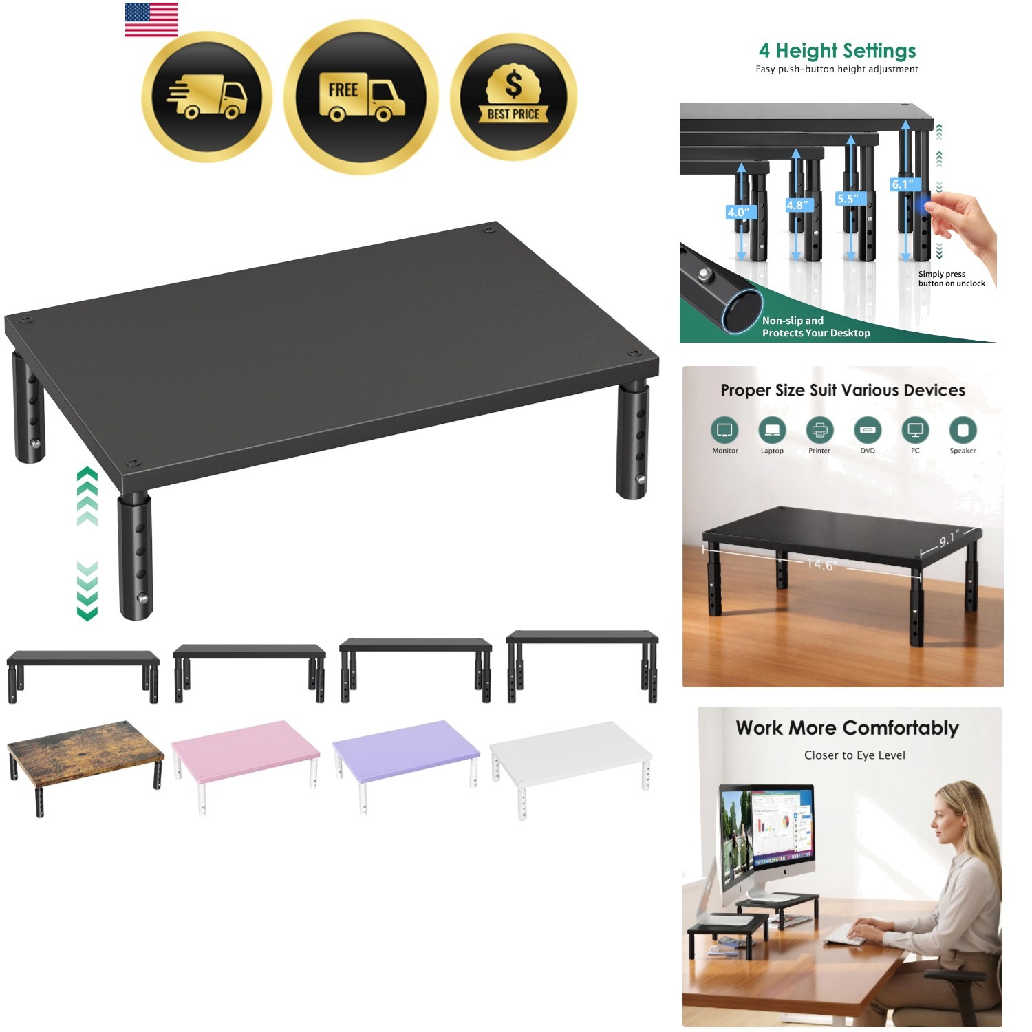 Desk Organizers and Accessories, Adjustable Computer Monitor Stand Riser, Lap...