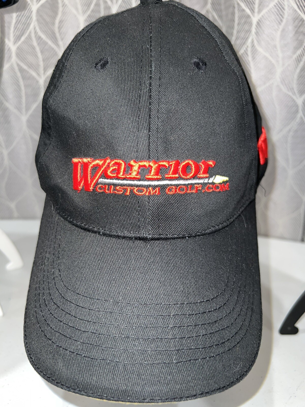 Warrior Custom Golf.com Black Hat Cap w/Red Letters White & yellow Accents Adj