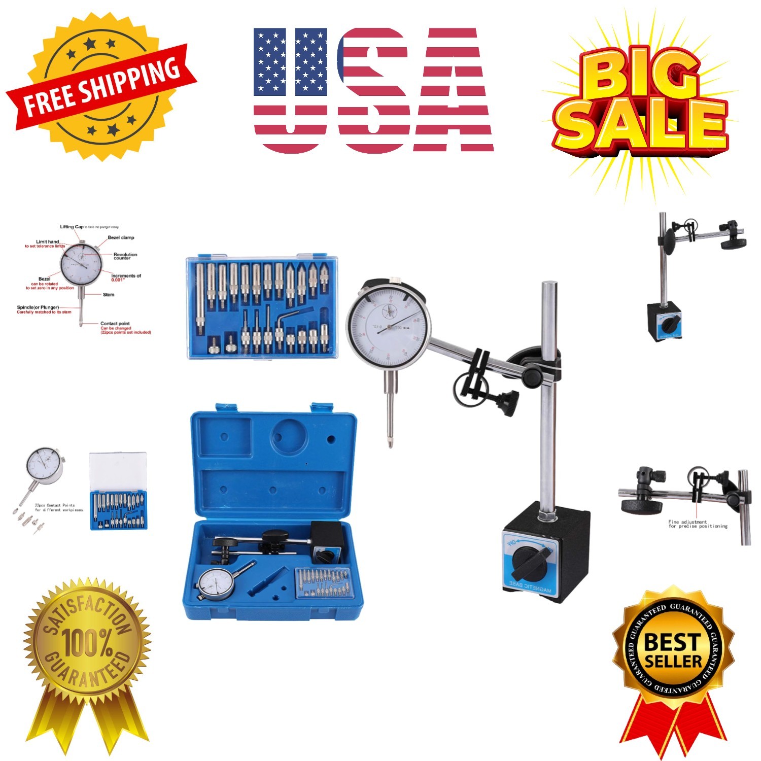 Dial Indicator with Magnetic Base Holder Fine Adjustable Long Arm 0-1" Magnet...