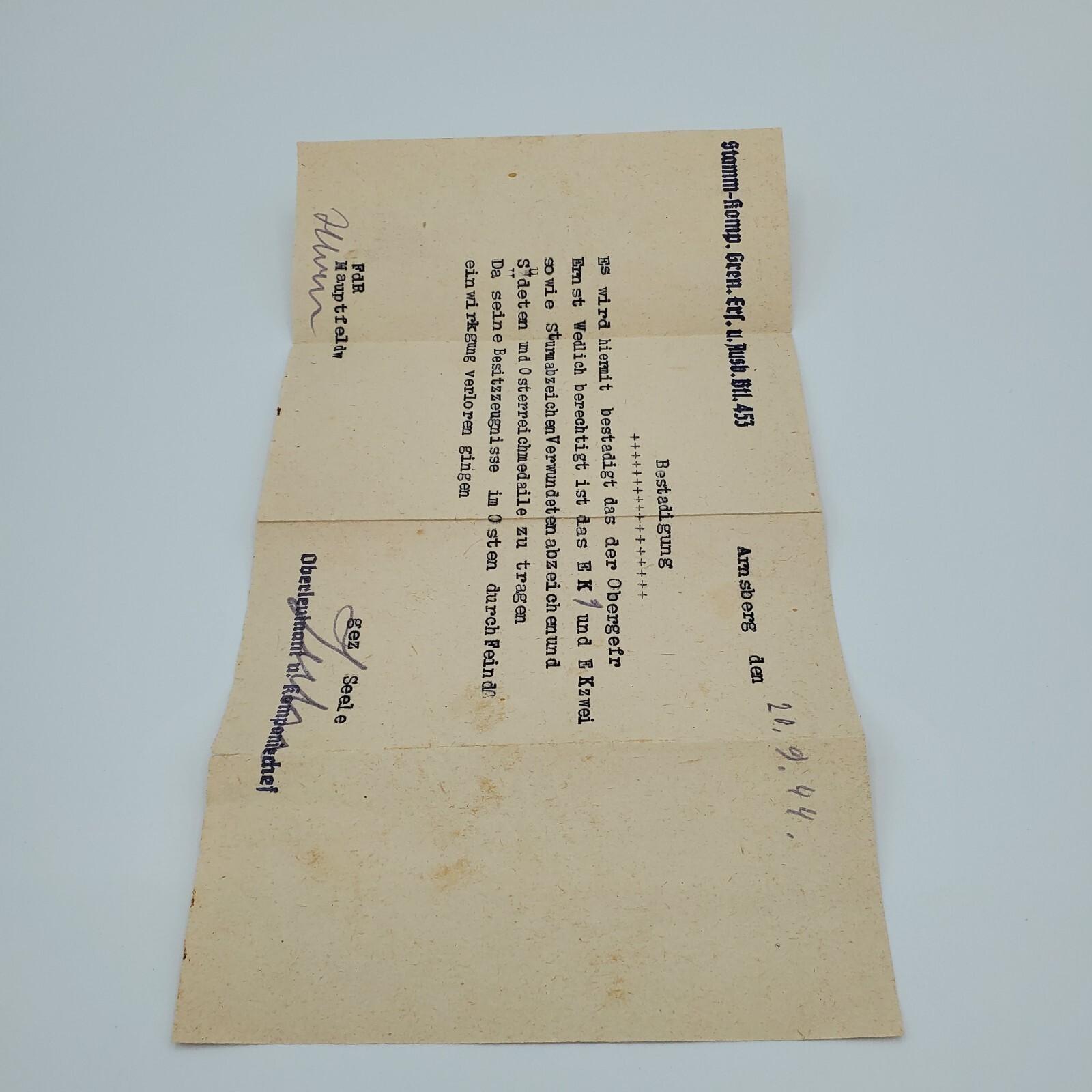 WW2 Original WW2 Iron Cross First Class EK1 EK2 medal award document 1944 letter