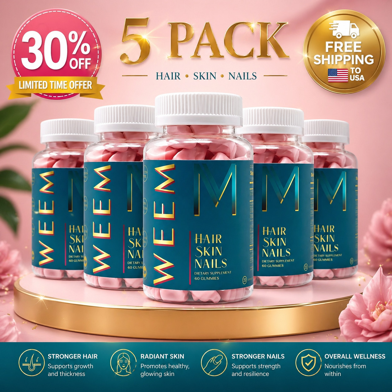 WEEM Hair Skin and Nails Gummies, Vegan biotin Vitamins, Healthy Hair- Pack of 5