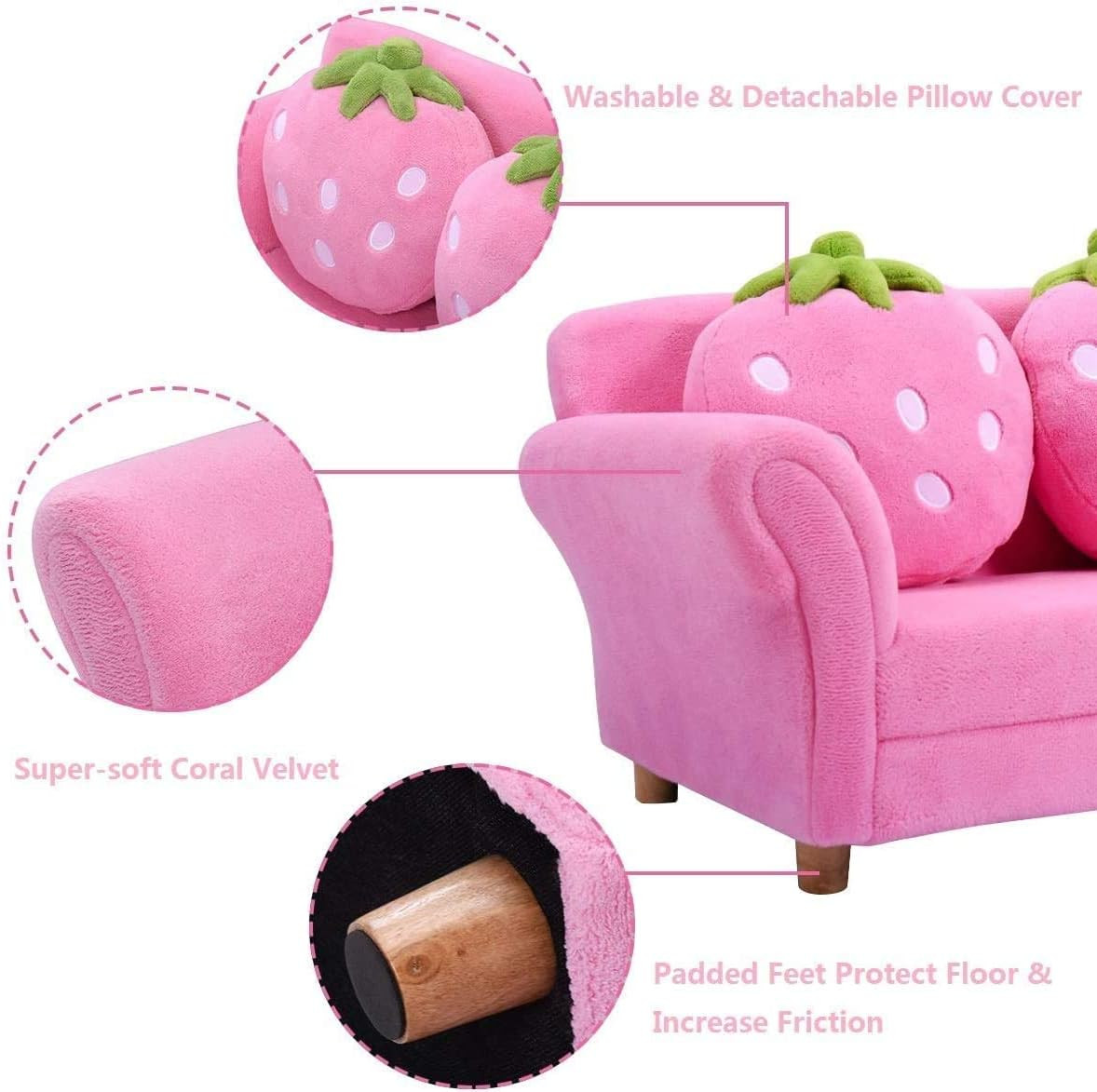 Kids Sofa, Children Upholstered Loveseat Lounge Bed W/ 2 Cute Strawberry Pillows