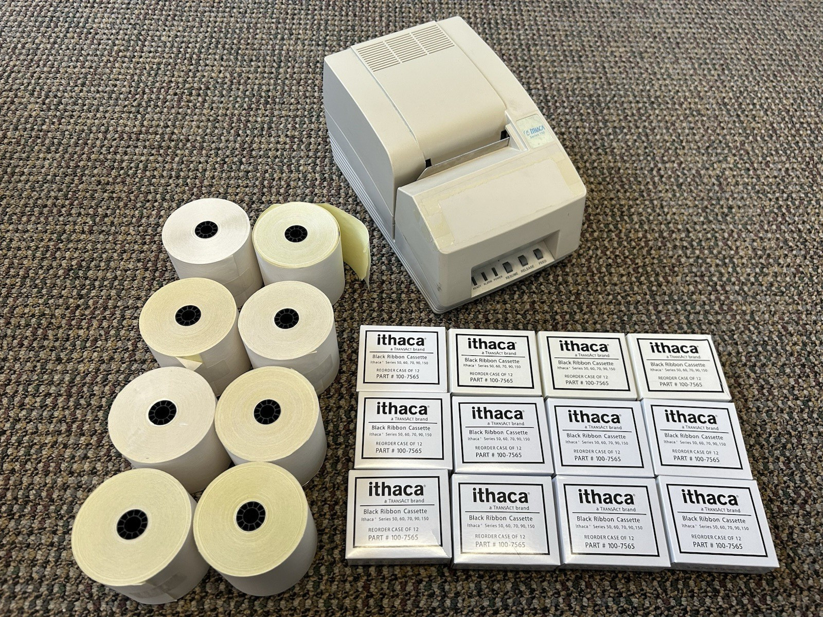 ITHACA 150 100-7565 Black Ribbons 50-90-150 Series Printers Lot of (12) + Paper