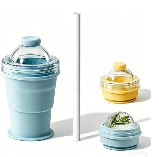 Collapsible Ice Ball Maker Cup,Reusable Portable Ice Sphere Mold with Straw Lid
