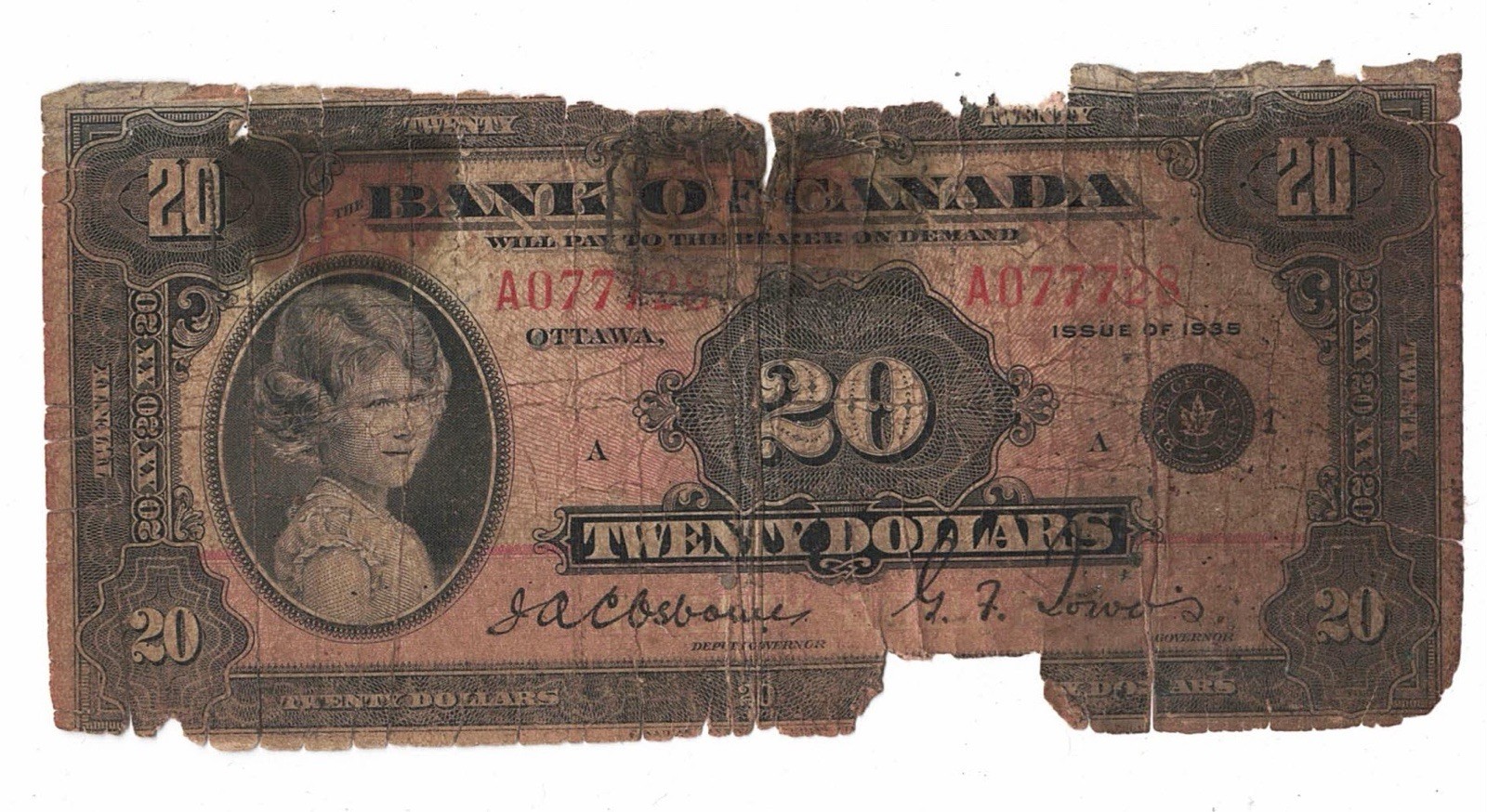 1935 Bank Of Canada 20$ English Small Seal A077728 - Good - Damage