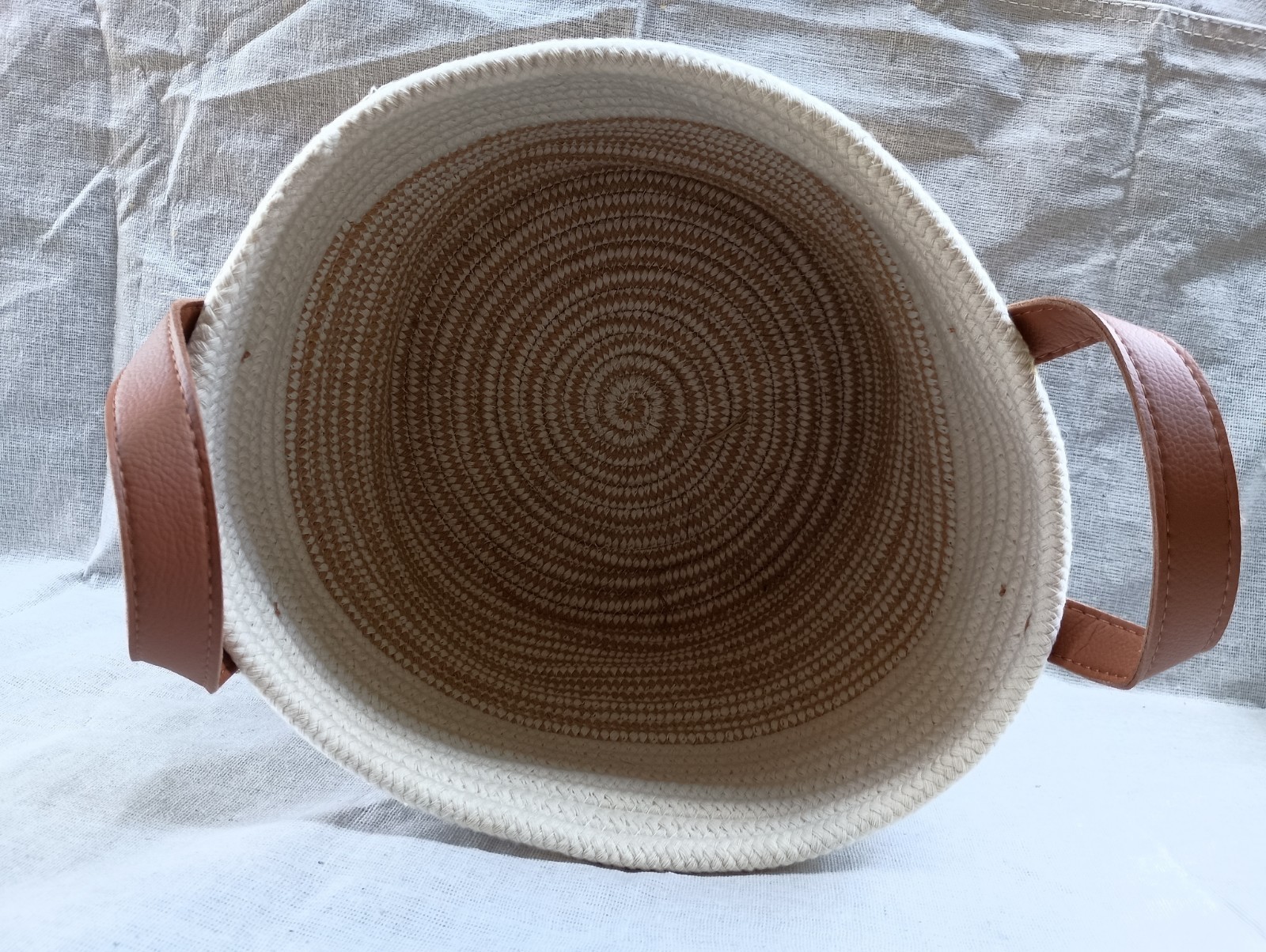 Round Woven Fabric Basket with Leather Handles