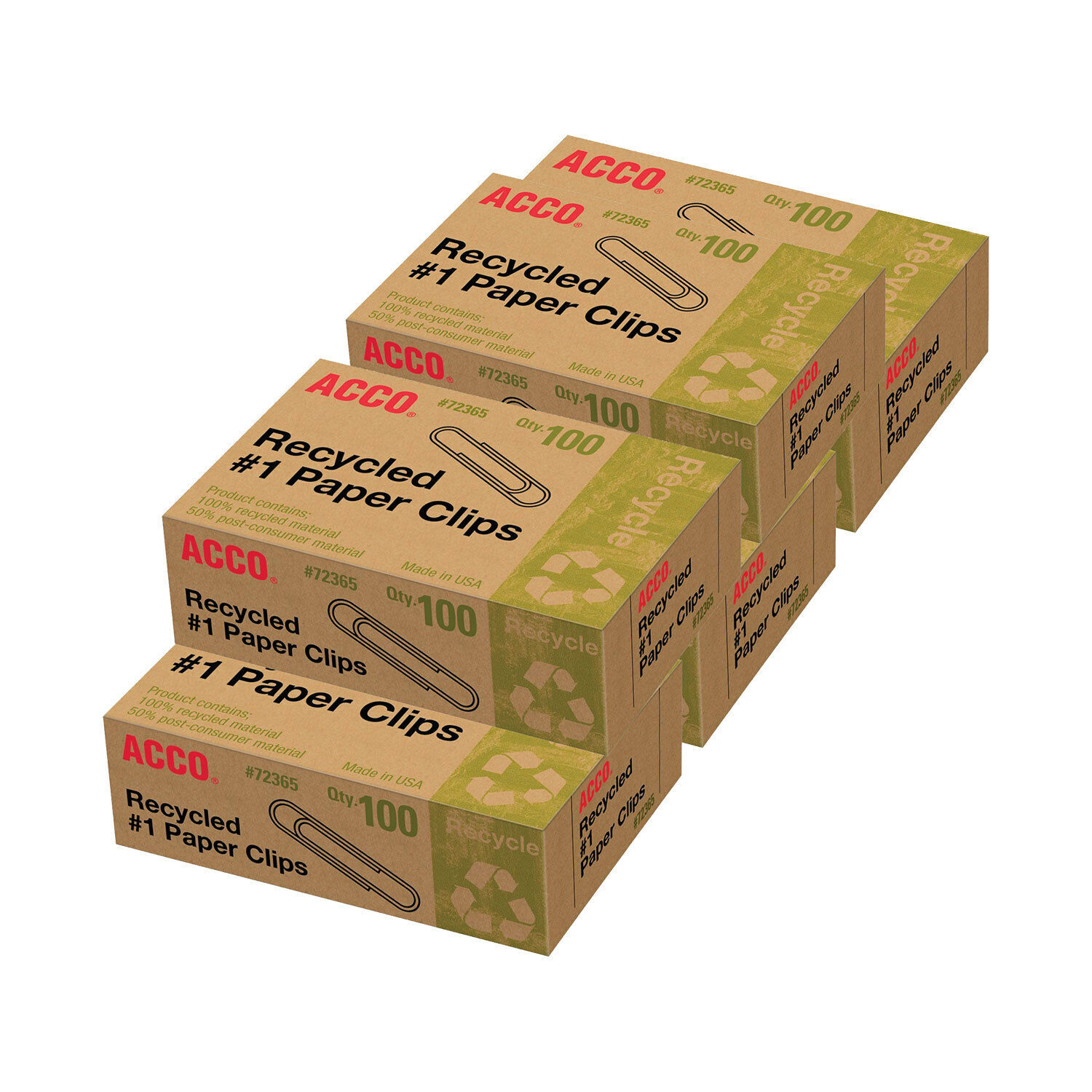 ACCO 72365 #1 Recycled Paper Clips - 1.000 PK (10 boxes of 100)