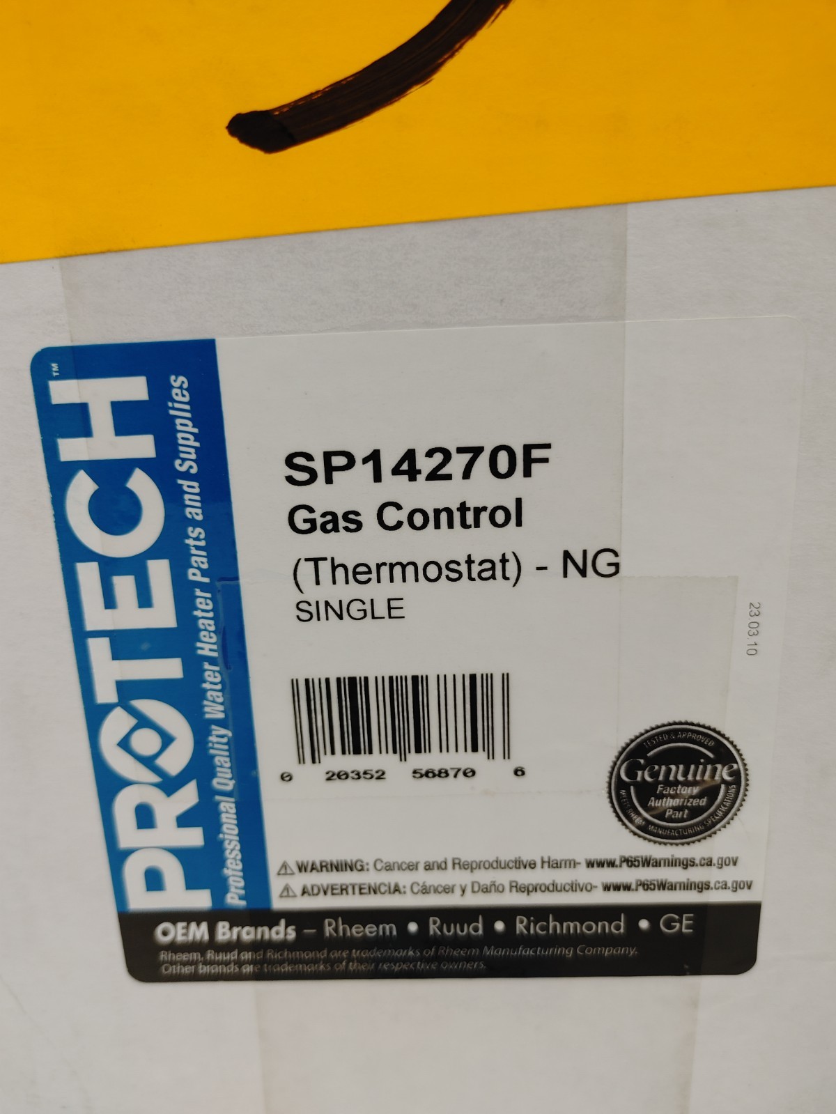 Protech SP14270F Gas control Valve Thermostat NEW/SEALED