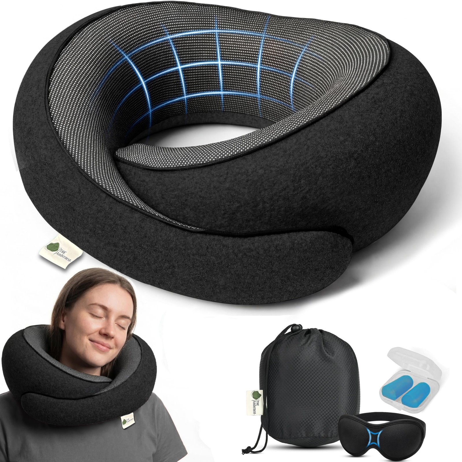 Travel Neck Pillow 100% Memory Foam, Ergonomic 360° Support Pillow for Flight...