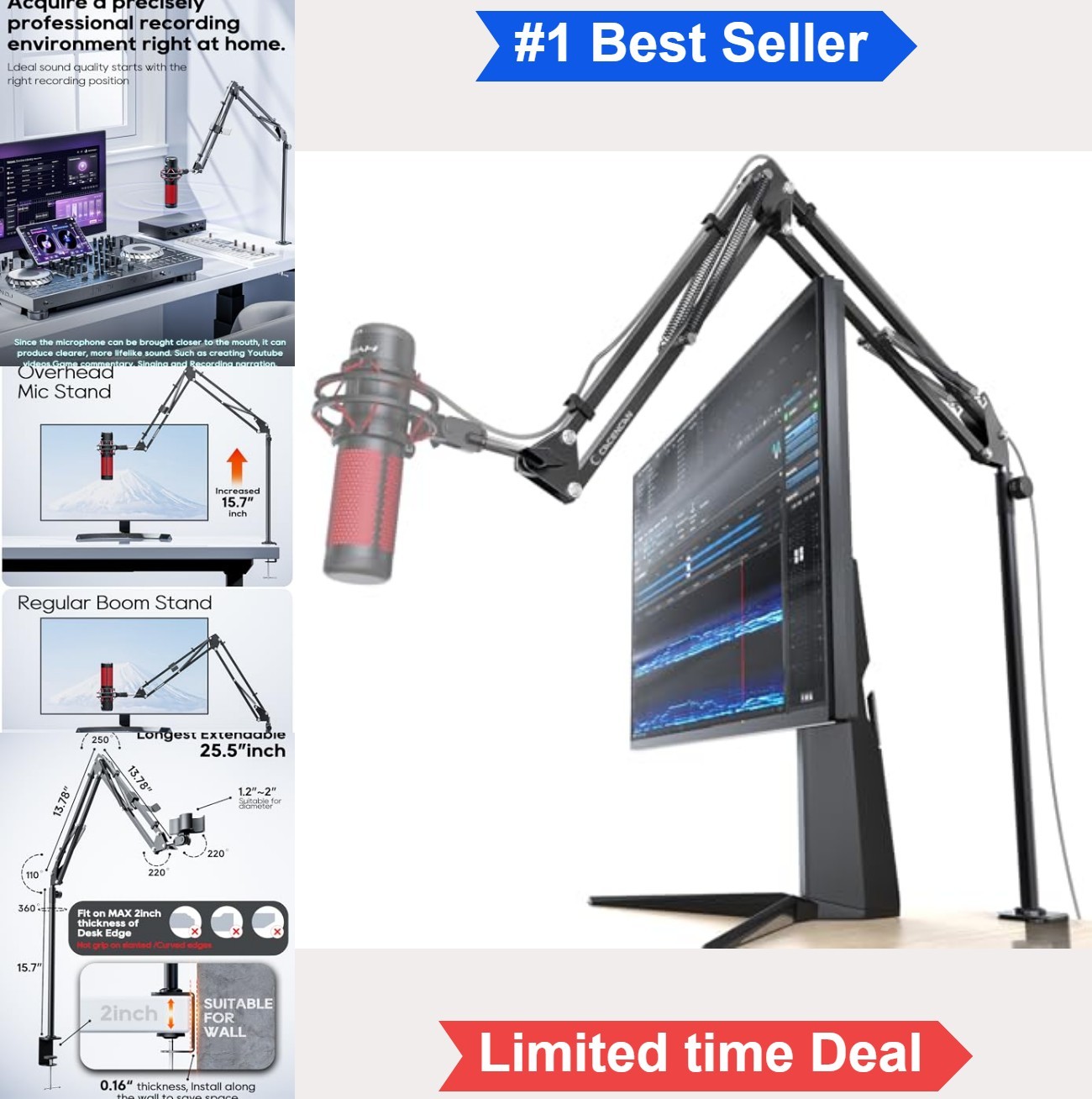 Boom Arm Microphone Stand 360 Rotatable Desk Mount Aluminum 25.5 Inch Reach